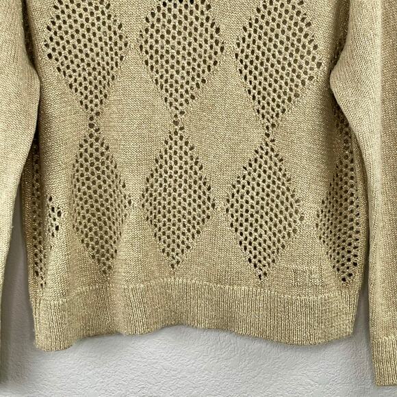 Tommy Hilfiger Tan Gold Metallic Knitted Open Stitch Argyle Sweater Small NWT - Picture 6 of 12